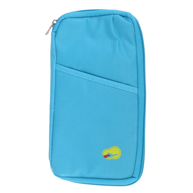 Esquirla Convenient Multifunctional Travel Document Cellphone Storage Holder Wallet Organizer Bag in blue. Made of durable nylon, this compact bag measures approximately 130 x 250 x 20mm (5.12 x 9.84 x 0.78 inches). It features multiple compartments for organizing passports, tickets, cards, documents, mobile phones, and coins. The front includes a zippered closure and an additional pocket for quick access. Ideal for travel and daily use.