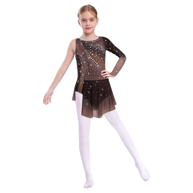 Freebily Robe de Danse de Patinage Artistique à Manches Longues pour Filles avec Strass Marron 6