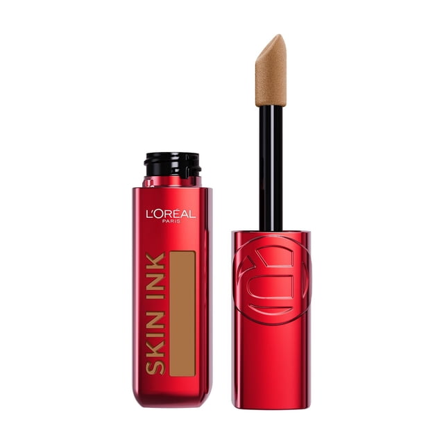 L'Oreal Paris Foundation & Concealer Hybrid Infallible Skin Ink in a glossy red rectangular bottle with black screw cap and applicator wand featuring a beige angled sponge tip, labeled with gold 'Skin Ink' text and embossed logo, offering a longwear, transfer-resistant matte finish with buildable coverage suitable for even complexion and concealing imperfections.