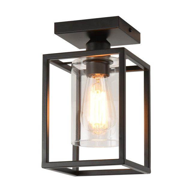 IHENGYANLT 1 Pack Semi Flush Mount Ceiling Light,Black Metal Frame Ceiling Light Fixture with Clear Glass Shade, Farmhouse Light Fixture fo