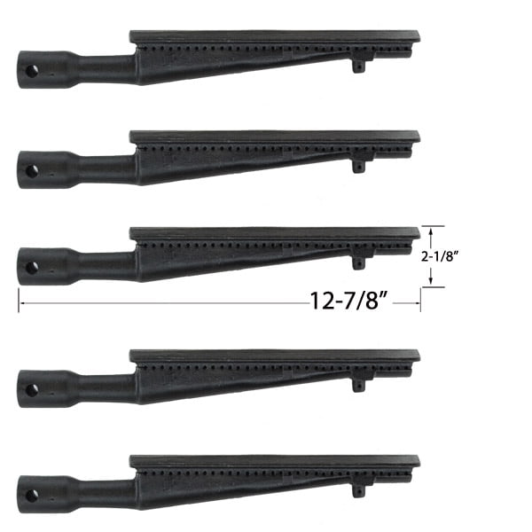 Replacement cast burner for GRILL ZONE 810-6440-T, KENMORE 141.15227, NEXGRILL 720-0082, and PATIO CHEF SS48 gas models, shown as a 5-pack. Each burner is made of durable cast iron, measuring 12-7/8 inches in length and 2-1/8 inches in width. Compatible with various gas grill models, including Brinkmann, Charmglow, and PerfectGlo. Designed for outdoor BBQs and grilling setups.