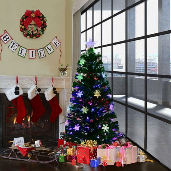 Costway Arbre de Noël Artificiel en Fibre Optique de 4 Pi Pré-Illuminé avec Lumières Flocons de Neige