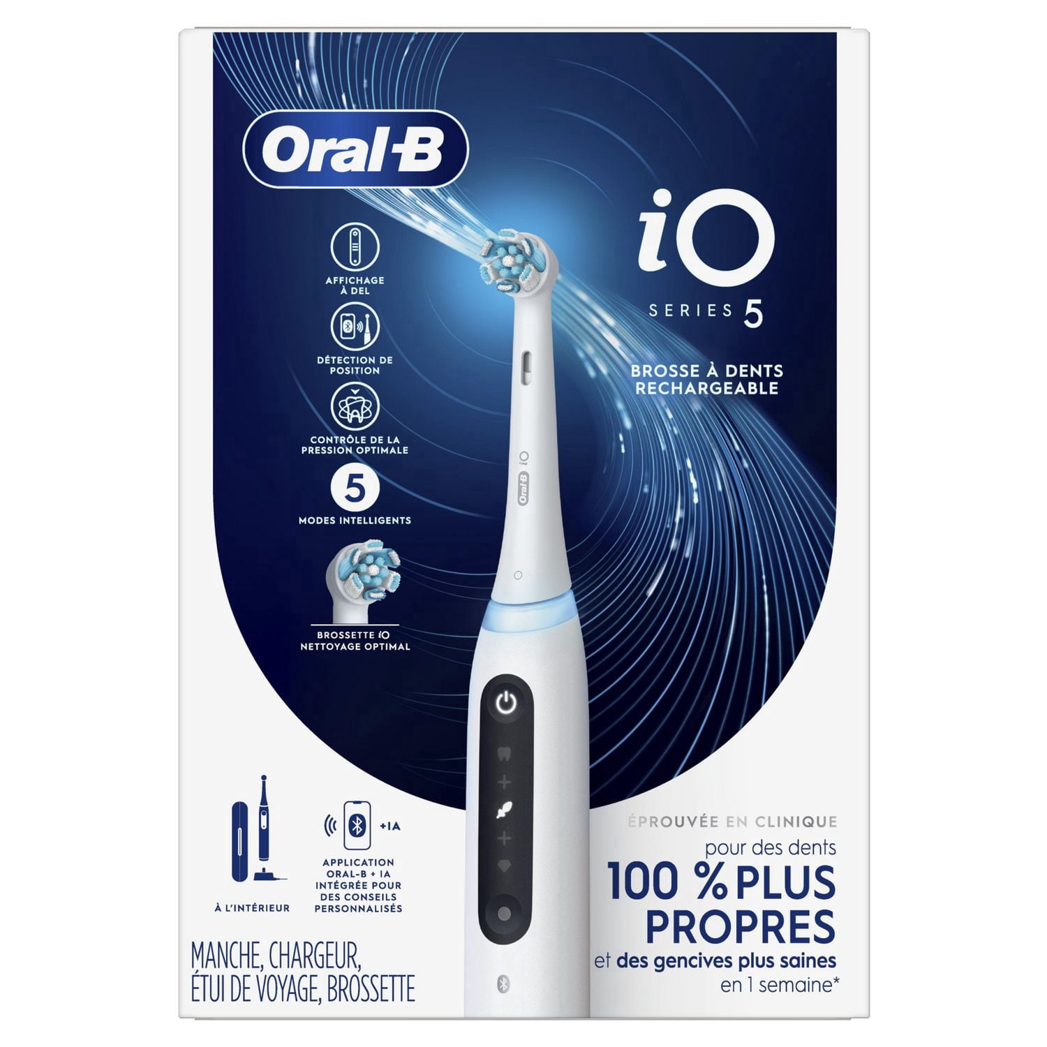 Brosse à dents électrique rechargeable Oral-B, iO5 Nettoyage personnalisable, 5 modes de nettoyage, détecteur de pression visuel pour protéger les gencives, étui de voyage, blanche