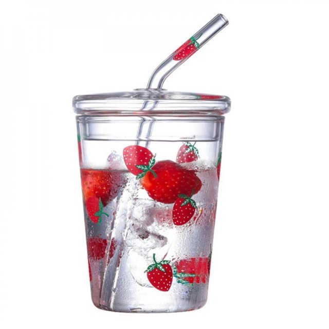 EIMELI Tasse en Verre avec Paille et Couvercle Tasse en Verre Résistante à la Chaleur Transparente Jolie Motif de Fraises Tasse en Verre