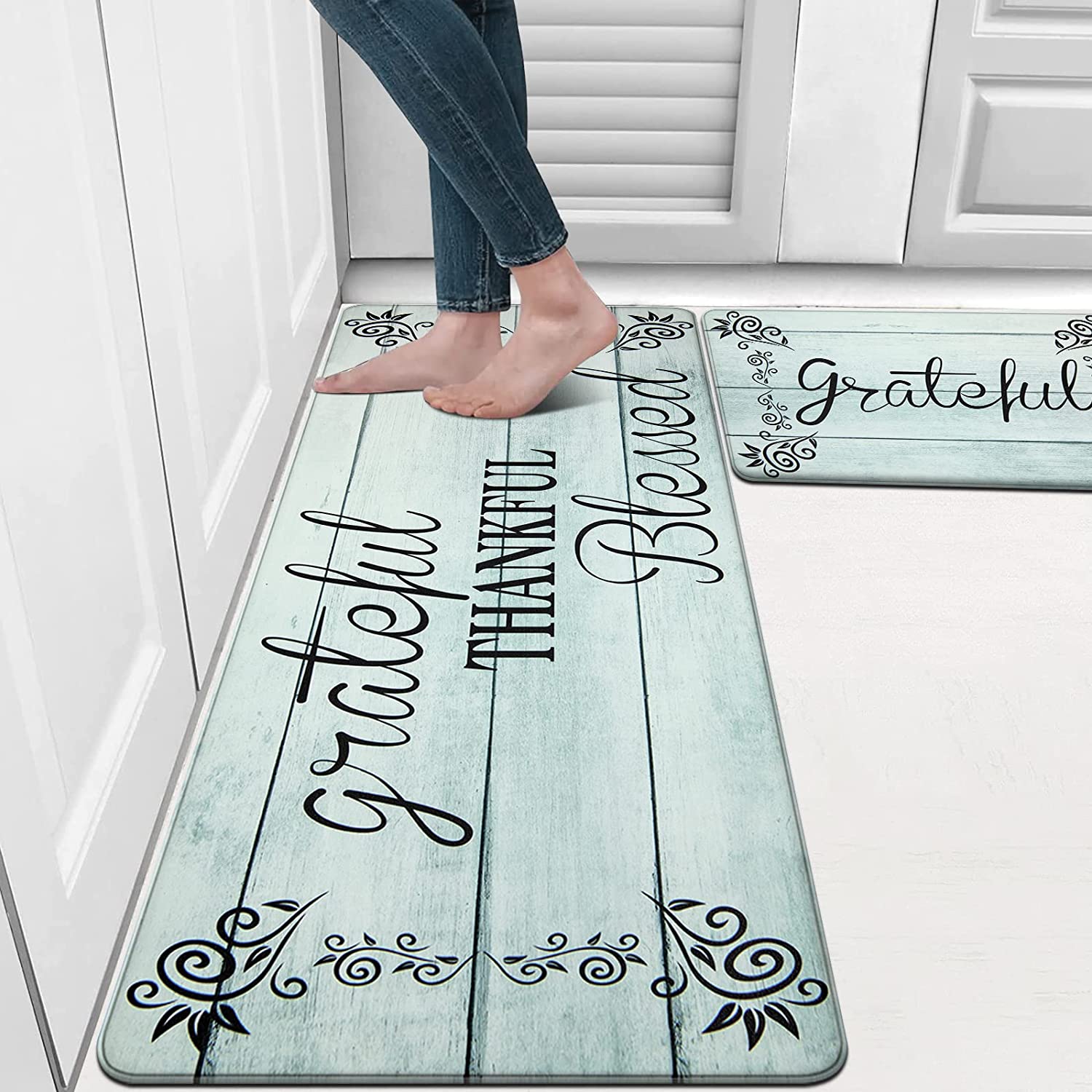 MeyJey Kitchen Rug Set of 2, Anti Fatigue Kitchen Mat 2 Pieces, Non Skid Waterproof Cushioned Floor Mat and Runner Rug, 17"x28"x0.5"+17"x59"x0.5", Aqua Blue