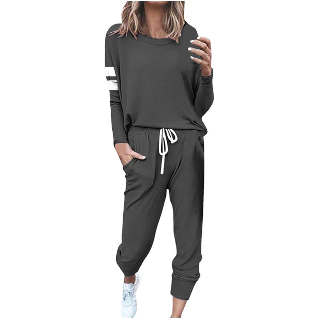 Ensemble Décontracté pour Femmes, Ample et à la Mode, Imprimé, à Manches Longues, Col Rond, avec Cordon de Serrage, Voyage, 2 Pcs, P-31 Gris 5TG