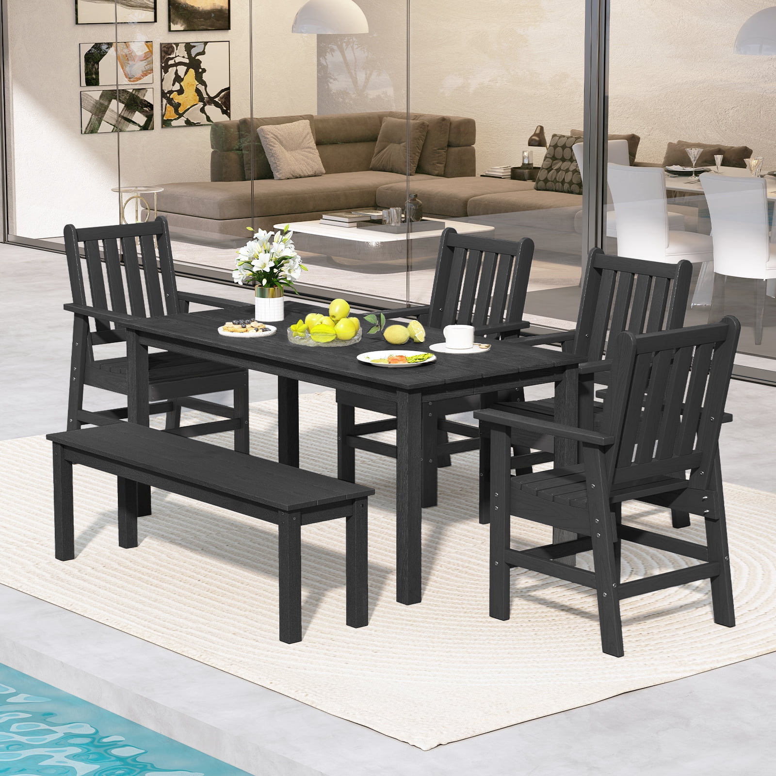 Gymax Ensemble de 6 Pcs pour Salle à Manger de Patio, Ensemble de Table et Chaises d'Extérieur en HDPE Résistant aux Intempéries, Noir