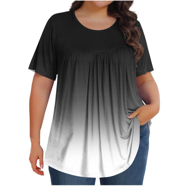 Plebaso Hauts pour Femmes Grande Taille Manches Courtes Blouses Plissées Décontractées Col Rond Été Tuniques Amples