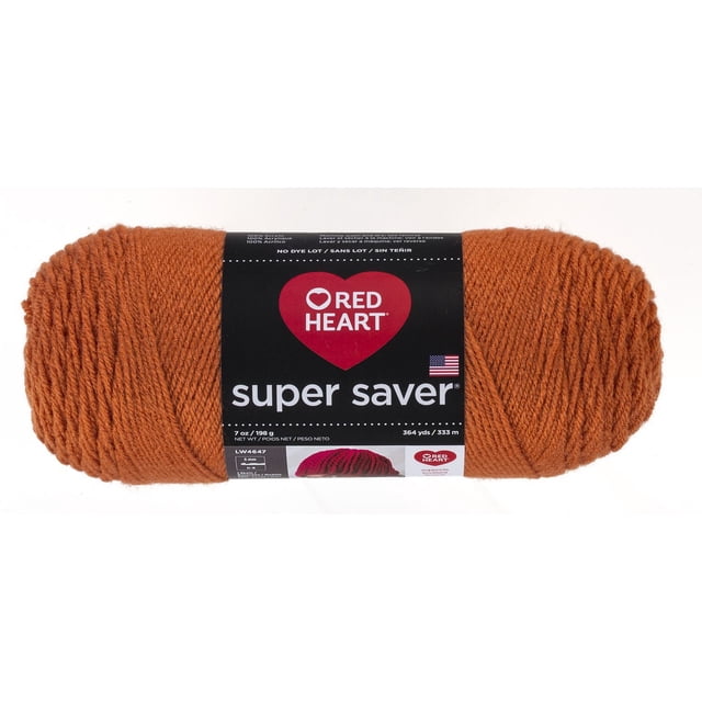 Red Heart® Super Saver® Yarn, Solid, Acrylic #4 Medium, 7oz/198g, 364 Yards in burnt orange, a worsted weight acrylic yarn skein with a black label featuring the Red Heart logo and product details, machine washable and durable, suitable for knitting, crocheting, and often used for crafting home decor items.