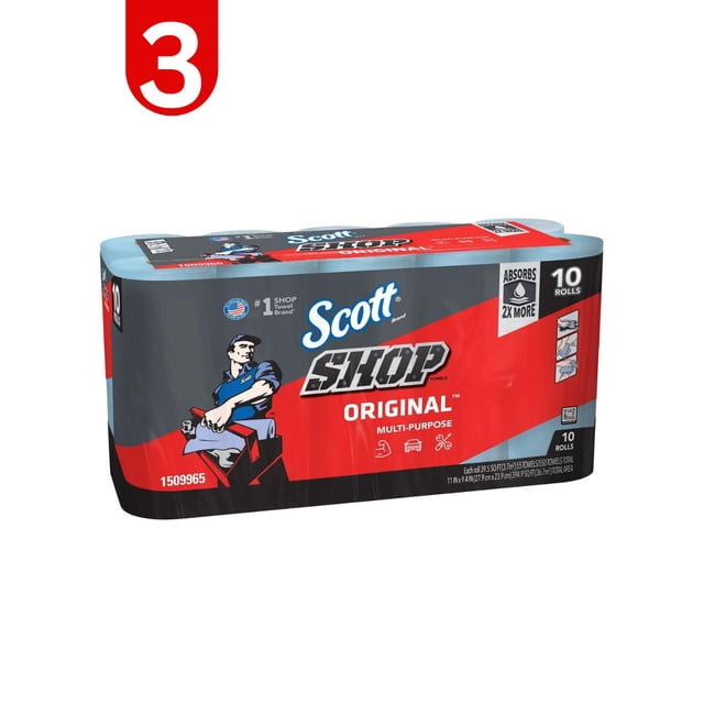 Scott Original Shop Towels, 10 rolls in blue packaging with branding prominently displayed. Each roll contains 55 perforated sheets measuring 11 x 9.4 inches, designed for high absorption of water, oil, and grease. Ideal for automotive maintenance, general cleaning, and commercial cleaning supplies.