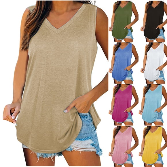 Summer Savings Clearance!yoeyez Going Out Tops for Women,Fitted Tank Tops for Women Womens V Neck Basic Solid Color Tees Casual Flowy Summer Sleeveless Blouse Blue,M