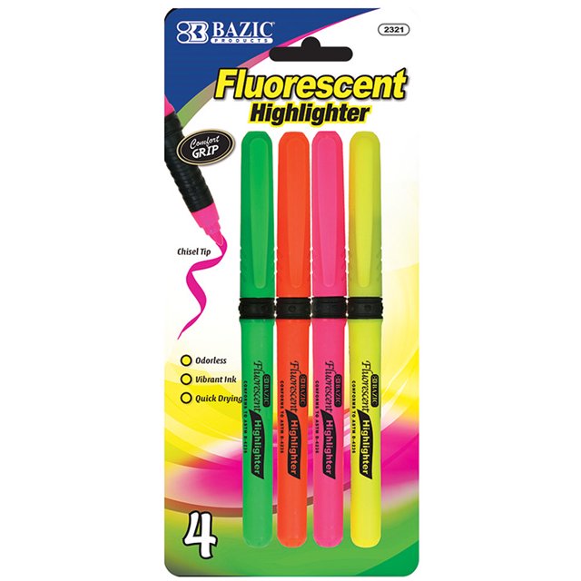 Bangkit 2321-24 Surligneurs Fluorescents Style Stylo BAZIC avec Poignée Coussin (4/Pack)