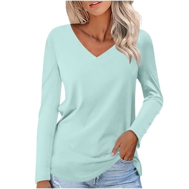 Timegard Tops for Women V Neck Long Sleeve Basic Tee Shirts Casual Comfy Solid Color Tunic Tops Blouse