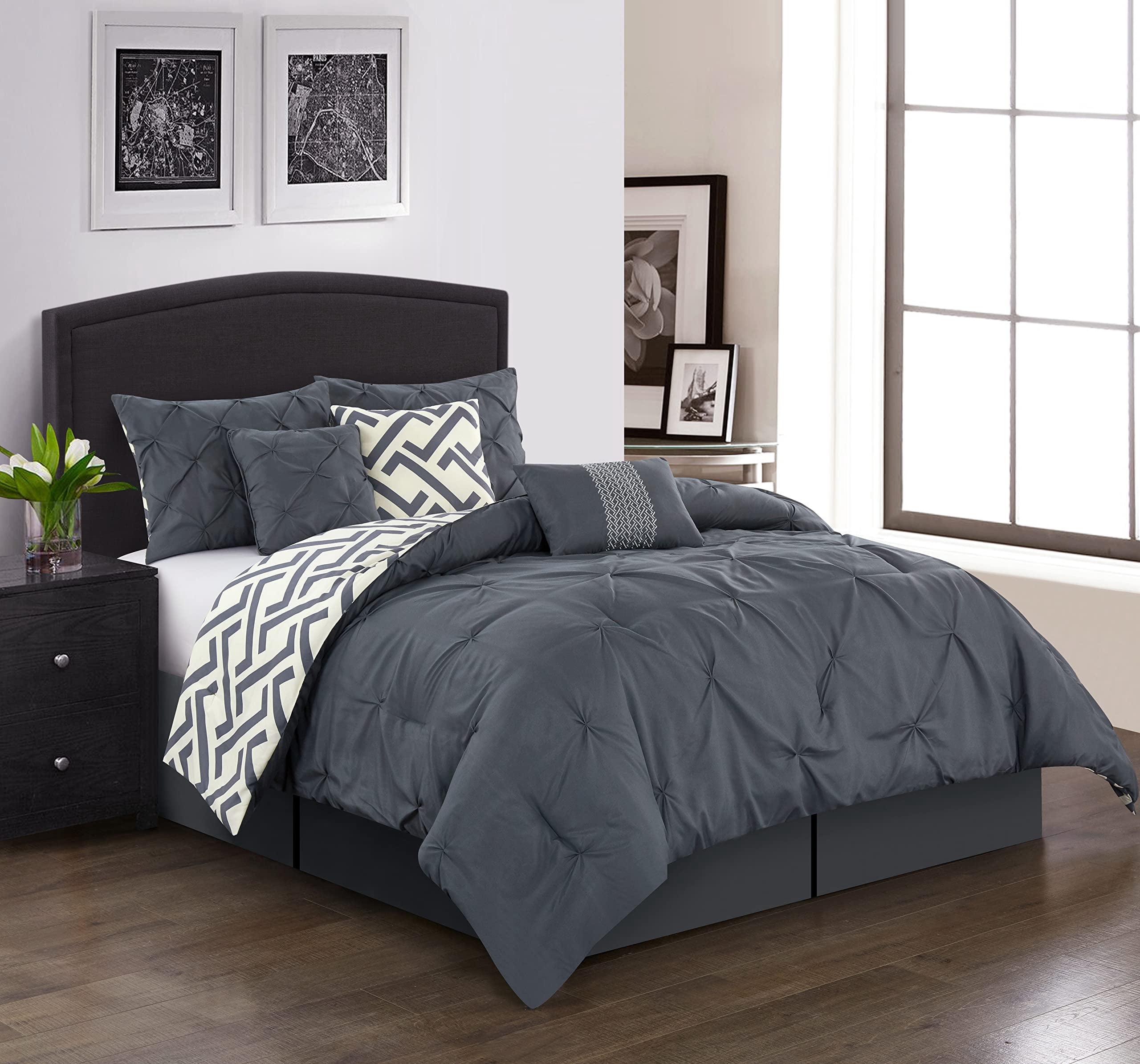 Grand Avenue Grey Comforter Set Queen Size, Pinch Fashion All Season Bedding Set, Bedskirt, Pillows & Shams, Solid Color Home Decor