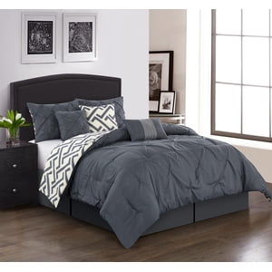 Grand Avenue Grey Comforter Set Queen Size, Pinch Fashion All Season Bedding Set, Bedskirt, Pillows & Shams, Solid Color Home Decor