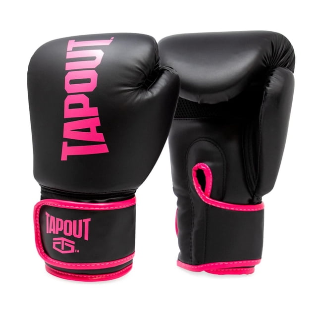 Tapout 10 oz Womens Boxing Gloves in black with bubble gum pink trim and adjustable hook and loop closure, featuring the Tapout logo on the front and wrist strap, designed for women's boxing training with durable hand and wrist protection.