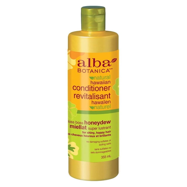 Alba Botanica Gloss Boss Honeydew Natural Hawaiian Conditioner in a 355 mL yellow and green plastic bottle with a green flip-top cap, featuring bilingual English and French text highlighting its sulfate-free formula that hydrates and strengthens hair for a shiny, smooth, manageable finish.