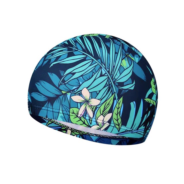 Swimming Cap Swim Pool Bathing Hat Fashion Comfortable Summer Unisex Bathing Cap Style A. Features a vibrant floral and leaf print in shades of blue and green on a dark background. Made of high-quality polyester material, it is soft, breathable, and elastic for easy wear. This adult swim cap is suitable for men and women for swimming, fitness, and leisure activities.
