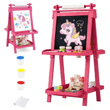OLAKIDS Easel for Kids, 3 in 1 Adjustable Painting Art Board, Foldable Double-Sided Wooden Drawing Chalkboard Magnetic Whiteboard with Paper Roll, Storage Rack, Cups for Boy Girls