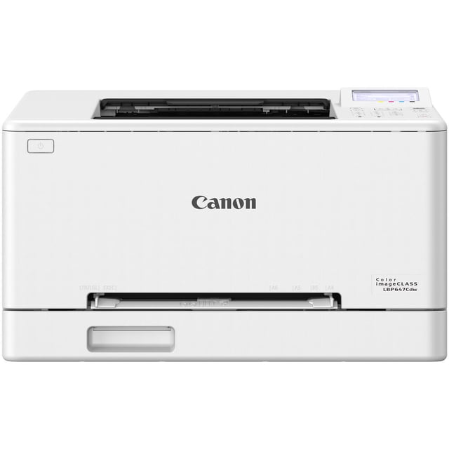 Canon LBP647Cdw Wireless Color Laser Printer front view with a white compact rectangular design, top paper output tray, and control panel with display screen on the right, offering fast 26 pages per minute printing, wireless connectivity including WiFi Direct, and high capacity toner options ideal for small and medium businesses.