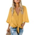 thumbnail image 1 of Women's V Neck Tops Ruffle 3/4 Sleeve Tie Knot Blouses Button Down Shirts - YELLOW, 1 of 3