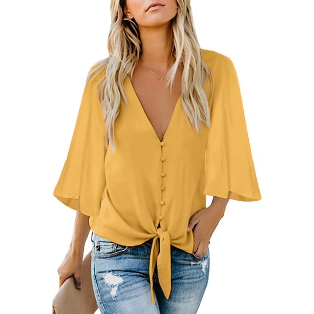 Women's V Neck Tops Ruffle 3/4 Sleeve Tie Knot Blouses Button Down Shirts - YELLOW