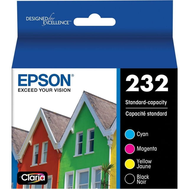 Epson T232 Cartouches d'Encre Format Standard, Contenant des Encres cyan, magenta, Jaune et Noire Affichées sur l'Emballage avec une illustration Maison Colorée et un Texte Bilingue Anglais-Français, Convient aux Fournitures d'Imprimante et à l'Impression d'Encre Teintée.