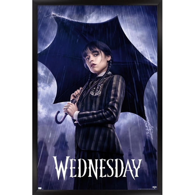 Wednesday - One Sheet Wall Poster, 22.375" x 34", depicting a figure in a dark striped blazer holding a black umbrella in heavy rain with a stormy sky background and the word 'WEDNESDAY' in white gothic font at the bottom, ideal for home or office wall decor.