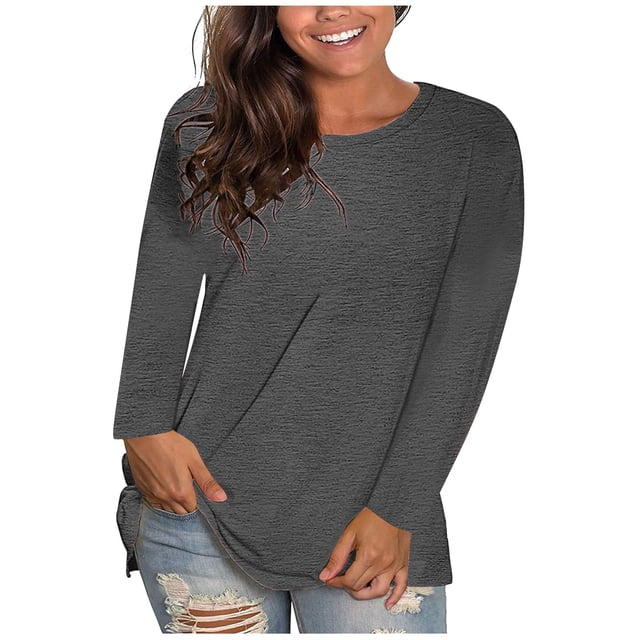 Long Sleeve Tops for Women Solid Color Casual Crew Neck T Shirts Fall Winter Basic Tees