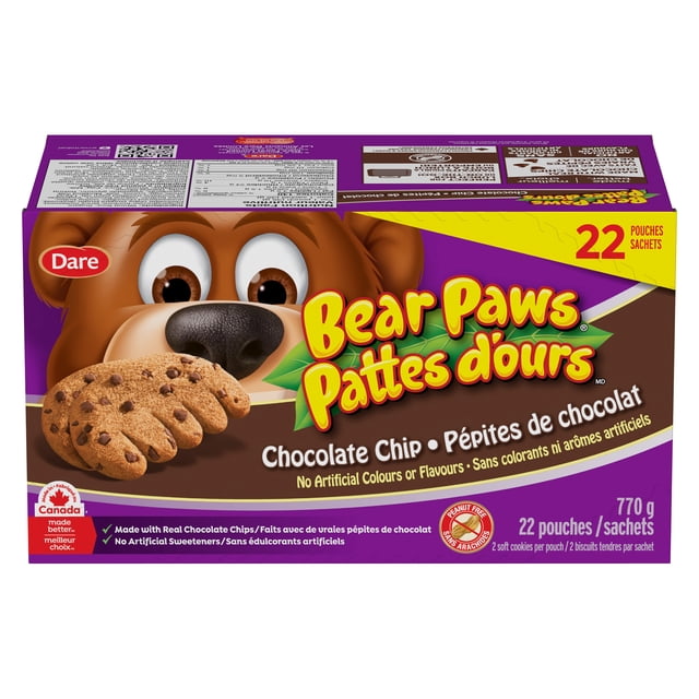 Bear Paws Chocolate Chip Cookies box showing a cartoon bear face holding a chocolate chip cookie shaped like a bear paw. The purple and brown packaging highlights 22 peanut-free pouches made with real chocolate chips and no artificial colours or flavours, weighing 770 grams, suitable for lunchboxes and snacks.