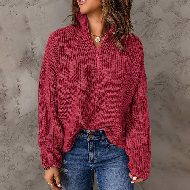 IMENGL Knit long sleeve 1/4 zip pullover turtleneck sweater, Red XL, Size M-2XL
