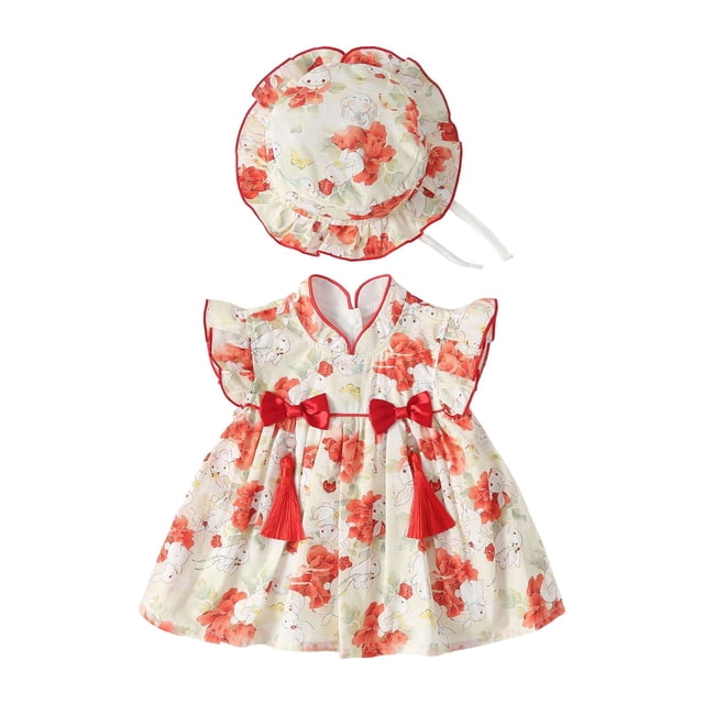 Girls Dresses Baby Summer Romper with Ruffle Fly Sleeves Cute Rabbit Print Dress Set Including Baby Cap for Indoor Outdoor