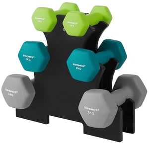SONGMICS Set de dumbbells avec stand, Neoprène Hex Dumbbell, 2 x 1 kg, 2 x 2 kg, 2 x 3 kg, poids des mains non glissants, lime, tés et gris clair SONGMICS Set de dumbbells avec stand, Neoprène Hex Dumbbell, 2 x 1 kg, 2 x 2 kg, 2 x 3 kg, poids des mains non glissants, lime, tés et gris clair