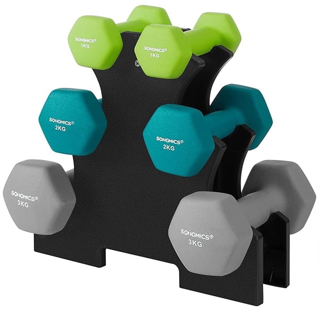 SONGMICS Dumbbells Set with Stand, Neoprene Hex Dumbbells, 2 x 1 kg, 2 x 2 kg, 2 x 3 kg, Non-Slip Hand Weights, Lime, Teal, and Light Grey
