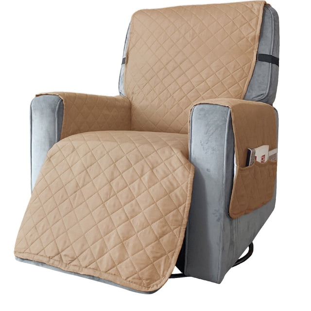 Cagogo Recliner Chair Cover, a waterproof and anti-slip recliner sofa cover in a solid beige color with quilted stitching, designed to protect recliners, rocking chairs, or massage chairs. The cover features six convenient side pockets for storing items like remotes or glasses. Made from soft, breathable polyester, it offers comfort and durability while shielding furniture from stains, pet hair, and spills. Shown on a grey recliner in a home setting.
