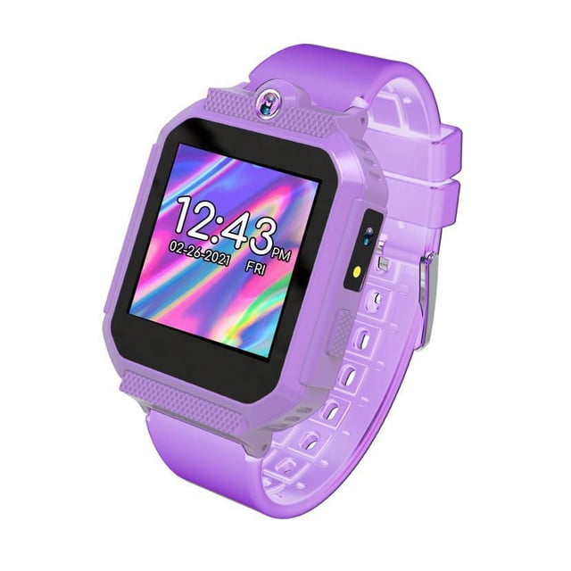 iTIME KIDS Body Temperature Interactive Games Watch Purple Design with 40mm square touchscreen displaying time and date, purple adjustable silicone strap, front camera, and side buttons, featuring body temperature monitoring, 26 games, flashlight, pedometer, and no phone connectivity for child safety.