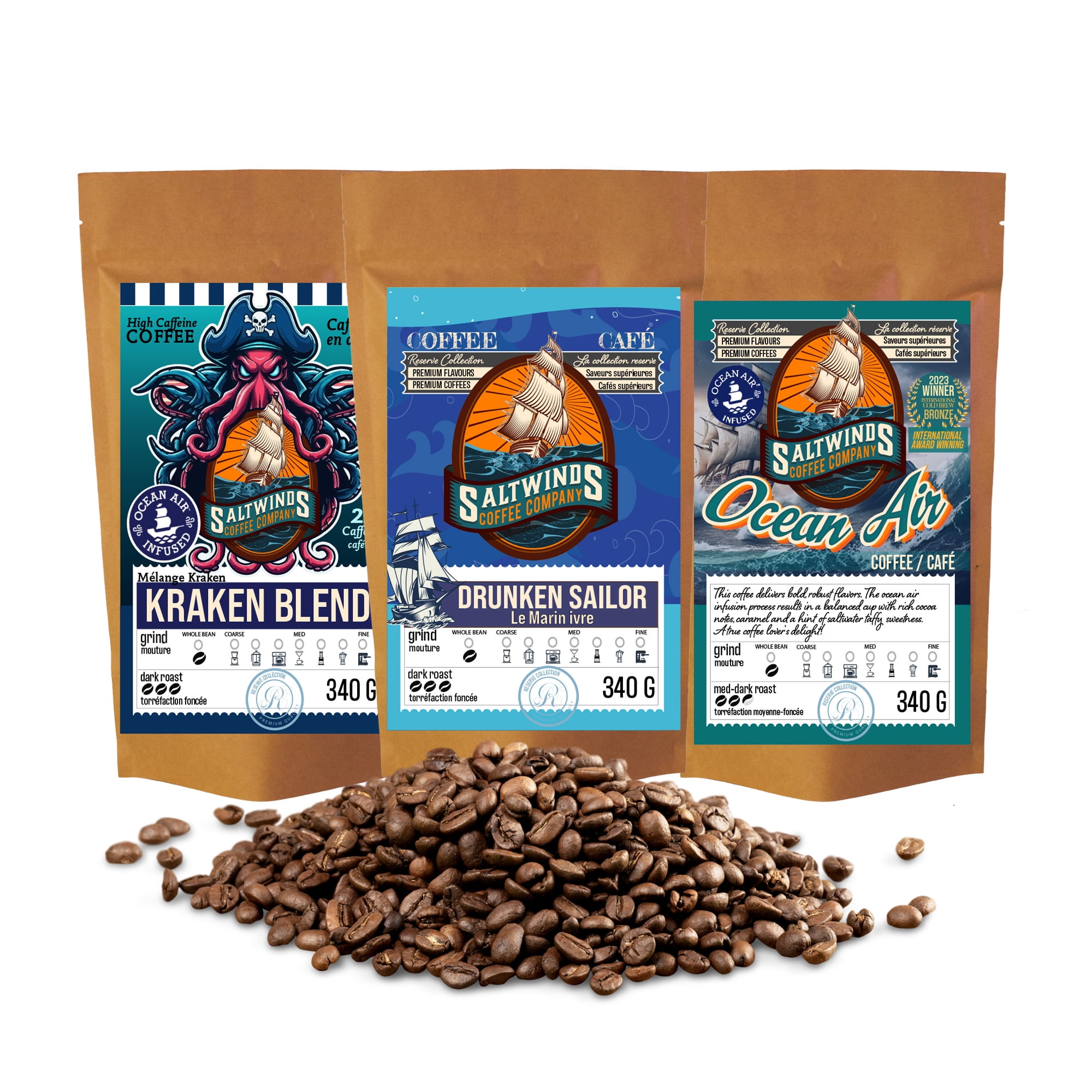 Stories by the Sea Coffee Bundle (3 × 340 g Whole Bean) | Ocean Air Infused | Kraken Blend, Ocean Air & Drunken Sailor Dark Roasts | Canadian Roasted