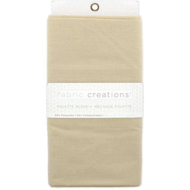 Fabric Creations Polycotton 65/35 pre-cut fabric in beige, folded with a white label showing brand and fabric blend details, measuring 42 by 72 inches (1.1 by 1.8 m), made of 65% polyester and 35% cotton, suitable for quilting, apparel crafting, and home décor projects.