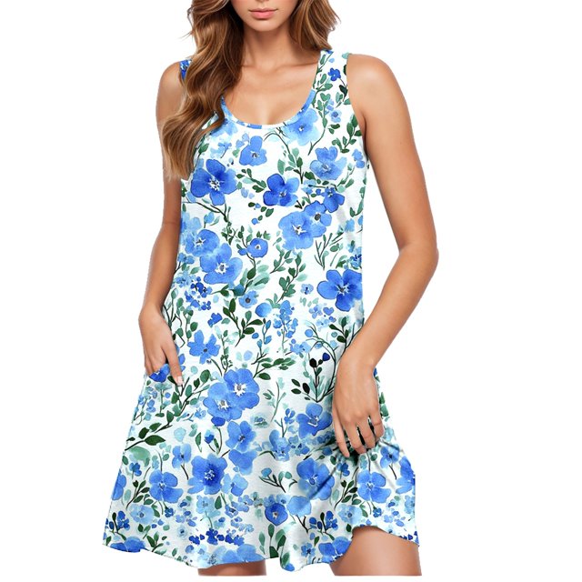 Robes d'Été pour Femmes en Solde 2025 BOVXNPU Grande Taille Robes Décontractées Sans Manches pour la Plage, Robe Décontractée à Col Rond Imprimé Dégradé
