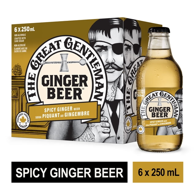 The Great Gentleman Spicy Ginger Beer Soda in 250 mL glass bottle and 6-pack carton with black and gold vintage design, featuring a bold ginger beer logo and text emphasizing its spicy ginger flavour and non-alcoholic, carbonated nature, crafted in Canada. It is suitable for enjoying chilled or as a mixer in cocktails and mocktails.