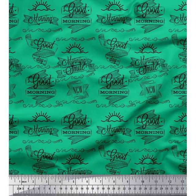 Soimoi Green Poly Georgette Fabric Sun & Text Fabric Prints By Yard 42 Inch Wide
