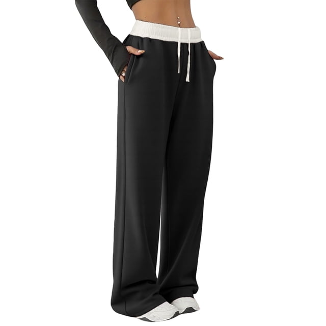 Women'S Contrast Color Waistband Sweatpants Wide Leg Pants with Drawstring Buckle Black L