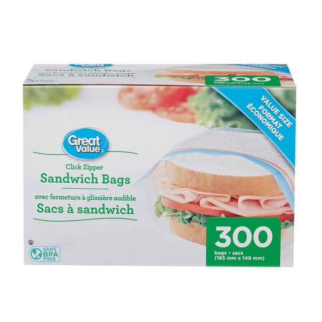 Great Value Sandwich Bags - 300 Ct box of clear, BPA-free zipper sandwich bags measuring 165 mm by 149 mm with an audible click zipper closure, shown with a sandwich containing lettuce, tomato, and deli meat inside a bag on the packaging, suitable for storing sandwiches and small snacks.
