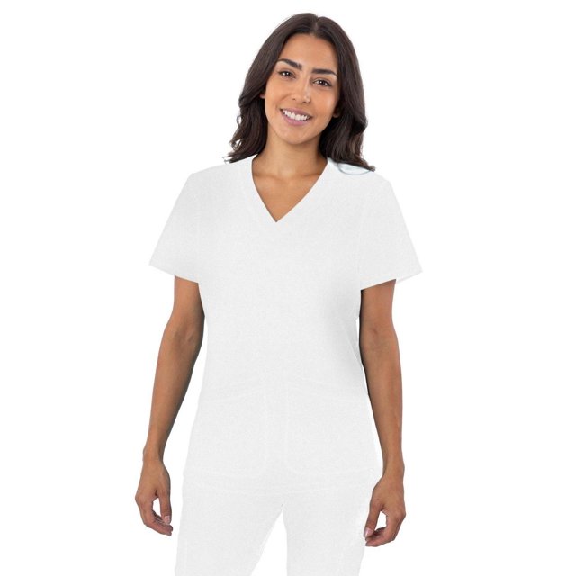 Greentown Canada Scrubs 4Flex Scrub Top (1201) in white, front view on a model, featuring a contemporary fit with a V-neck, short sleeves, and two patch pockets. Made from 93% polyester and 7% spandex with 4-way stretch and moisture-wicking fabric, suitable for comfortable workwear.
