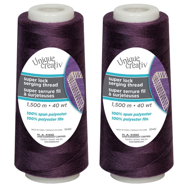 UNIQUE CREATIV TRULOCK serging thread in dark purple, 100% spun polyester, 40 wt, 1500 m cone designed for overlock machines, ideal for seams, hems, and edge finishes on knits and wovens, showing two cones side by side with white plastic tops and detailed labels.