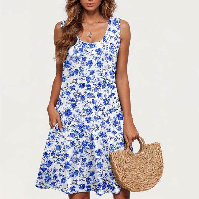 Ovzne Robes d'Été pour Femmes Robe Décontractée Grande Taille Sans Manches Col Rond Robe Courte Florale Robe de Vacances Liquidation