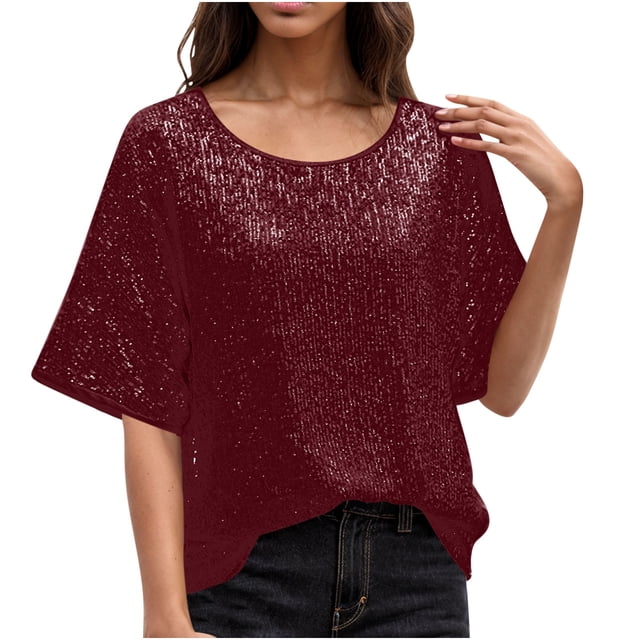 Meichang Hauts à Paillettes Scintillantes pour Femmes T-Shirts de Fête Manches Courtes Col Rond T-Shirts Tendance Blouses Scintillantes Décontractées Coupe Ample T-Shirts de Soirée Boîte de Nuit