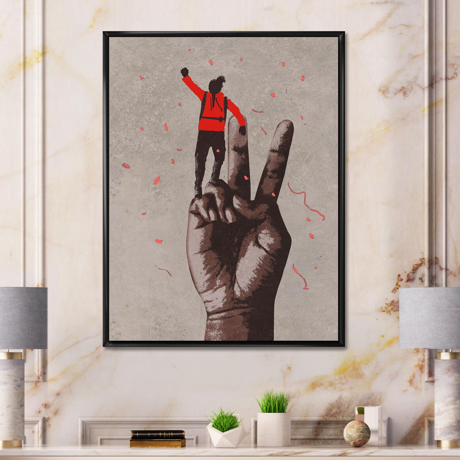 Designart Signe de victoire avec l'homme avec le bras levé ART MURAL À CADRE FLOTT