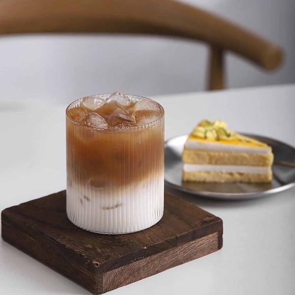 Tasse en Verre à Double Couche avec Rayures Verticales, Tasse à Boisson pour Thé Café Lait Isolée en Borosilicate Élevé, Résistante à la Chaleur pour Boissons Chaudes et Froides, Prise Ergonomique, 7.5x7.5x8cm/8x8x12cm, Transparente