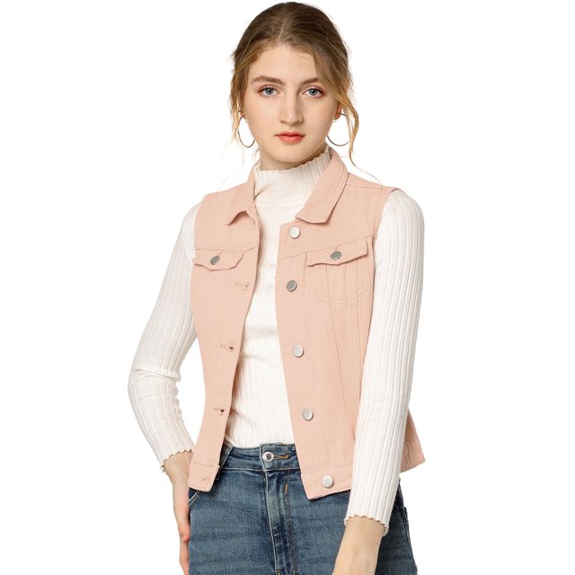 INSPIRE CHIC Women's Washed Chest Flap Pockets Single Breasted Denim Vest